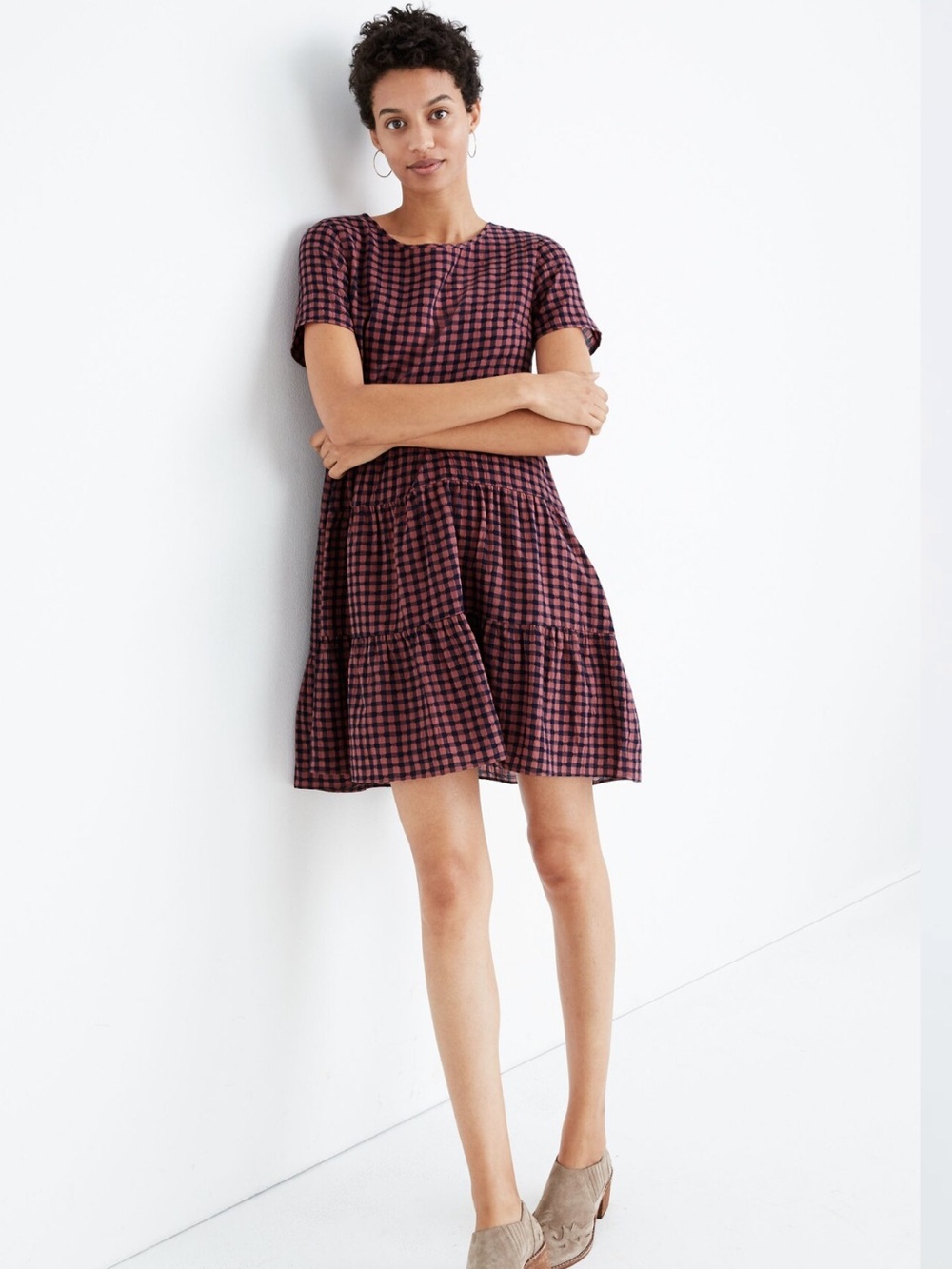 Madewell Short Sleeve Tiered Mini Dress Pink Navy Gingham Check, Like New, XS - Picture 15 of 16